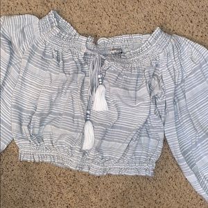 white and blue stripped off the shoulder crop top